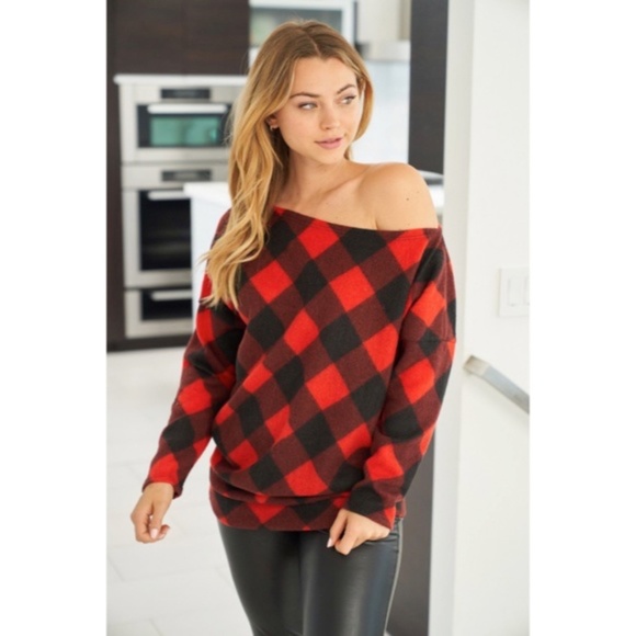 SOLD OUT Red Buffalo Plaid Check Checkered One Off the Shoulder Soft Sweater - Picture 2 of 6